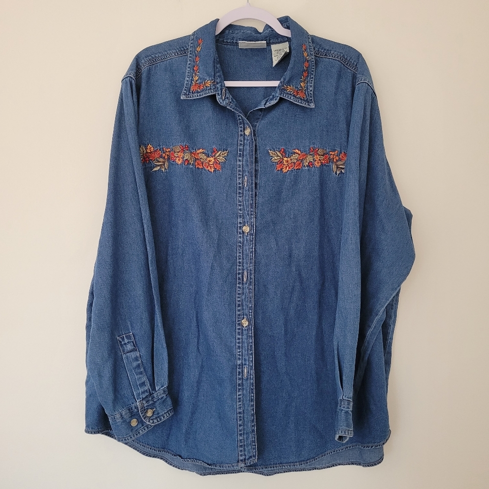 VTG Faded Glory Autumn Leaves Embroidered Shirt Top‎ Size 22/24